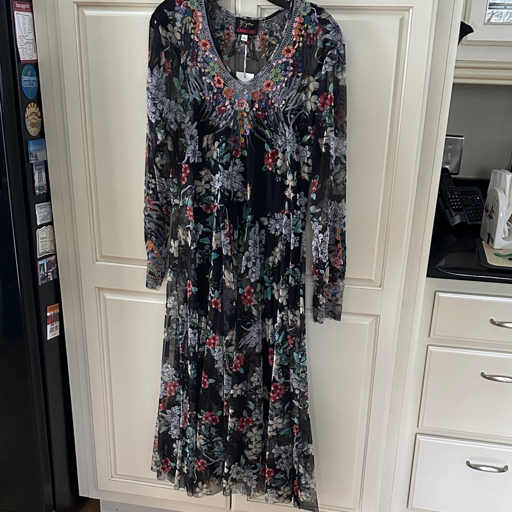 Johnny Was embroidered mesh long sleeve long dress attached slip size L